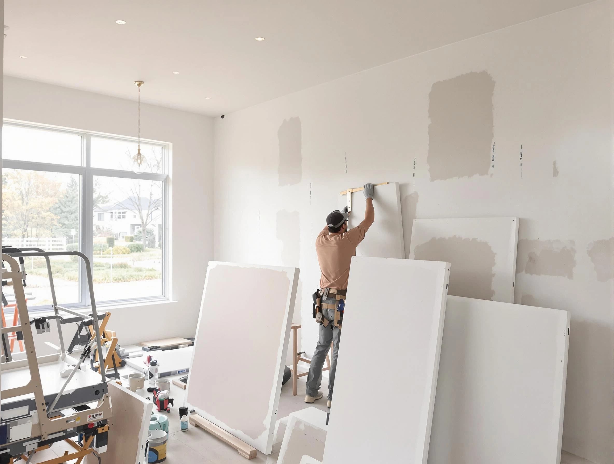 Tallmadge House Painters precisely hanging drywall sheets in Tallmadge, OH