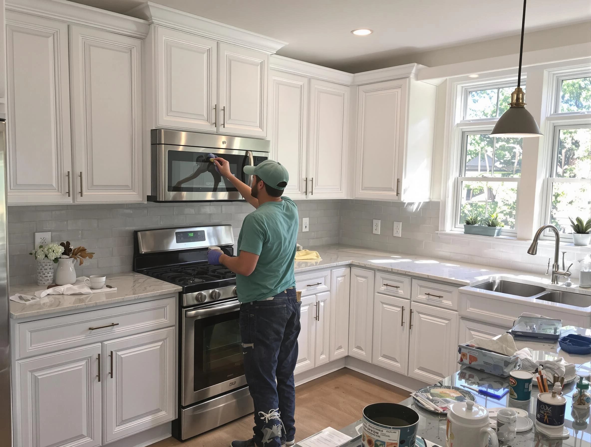 Kitchen cabinets being refinished by Tallmadge House Painters in Tallmadge, OH