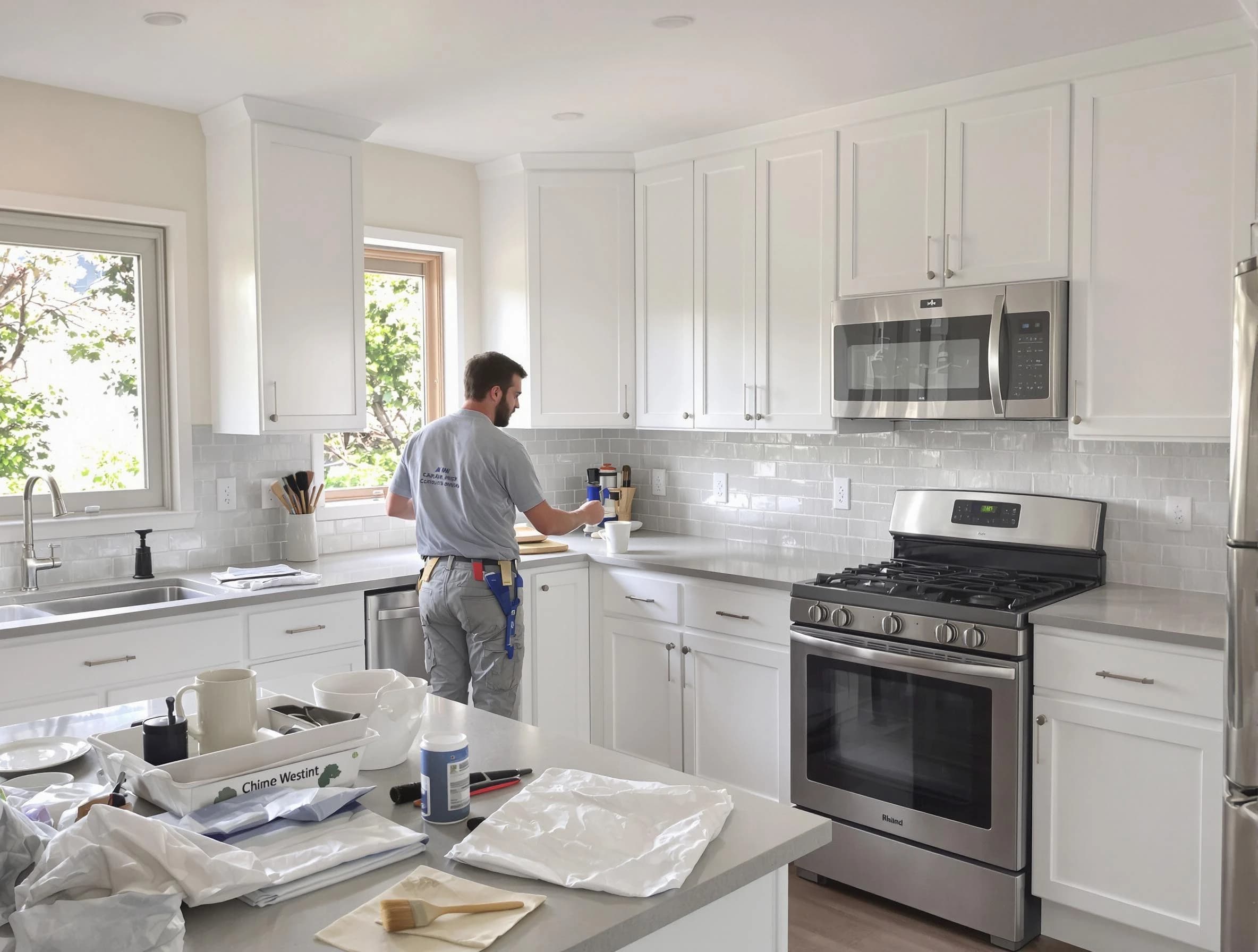 Tallmadge House Painters applying fresh paint on kitchen cabinets in Tallmadge