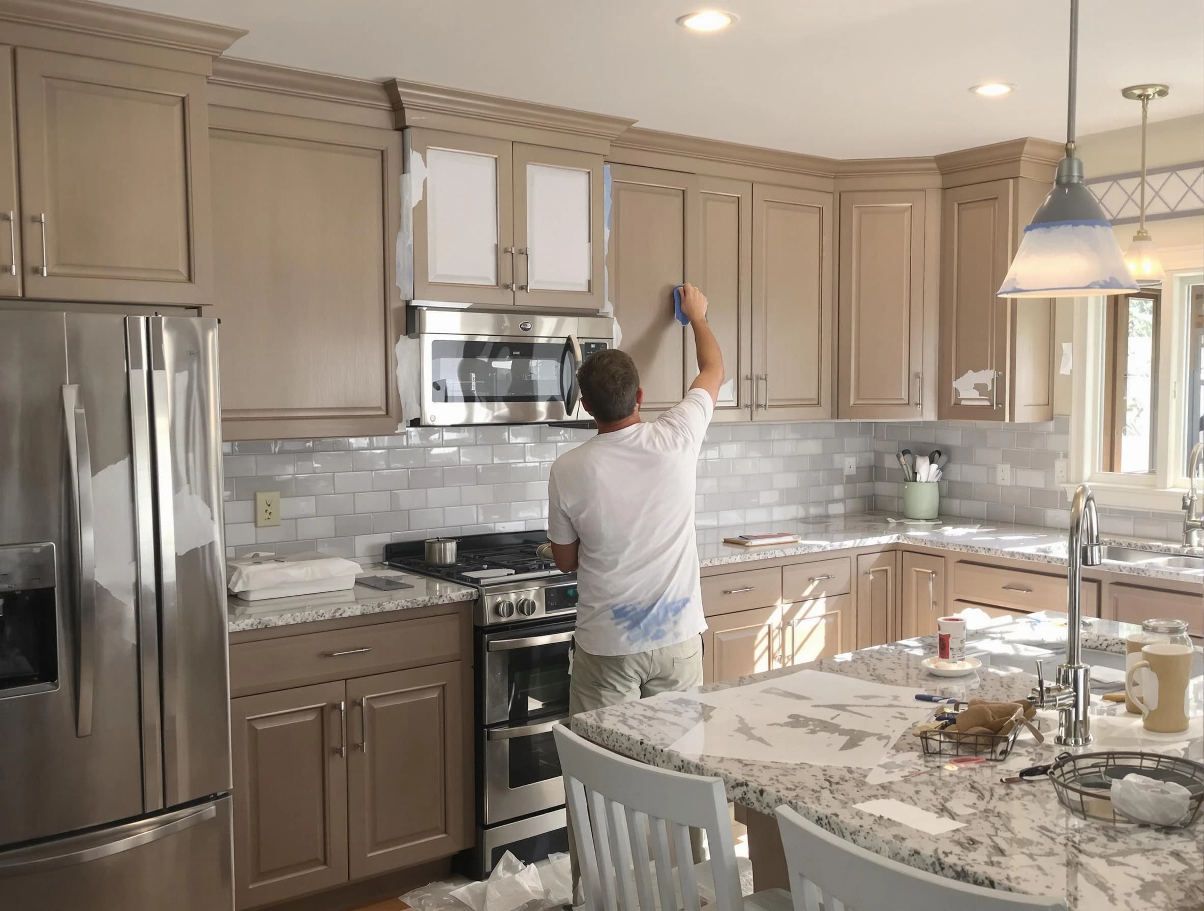 Before-and-after view of kitchen painting by Tallmadge House Painters in Tallmadge