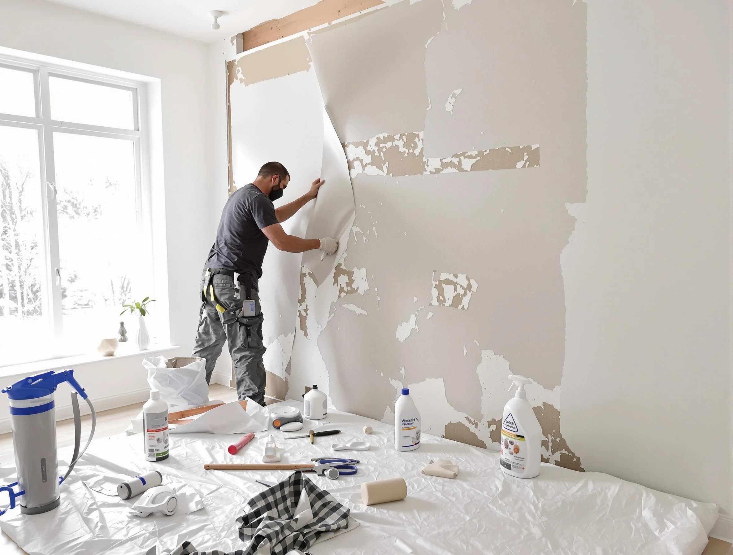 Tallmadge House Painters technician removing wallpaper in Tallmadge, OH